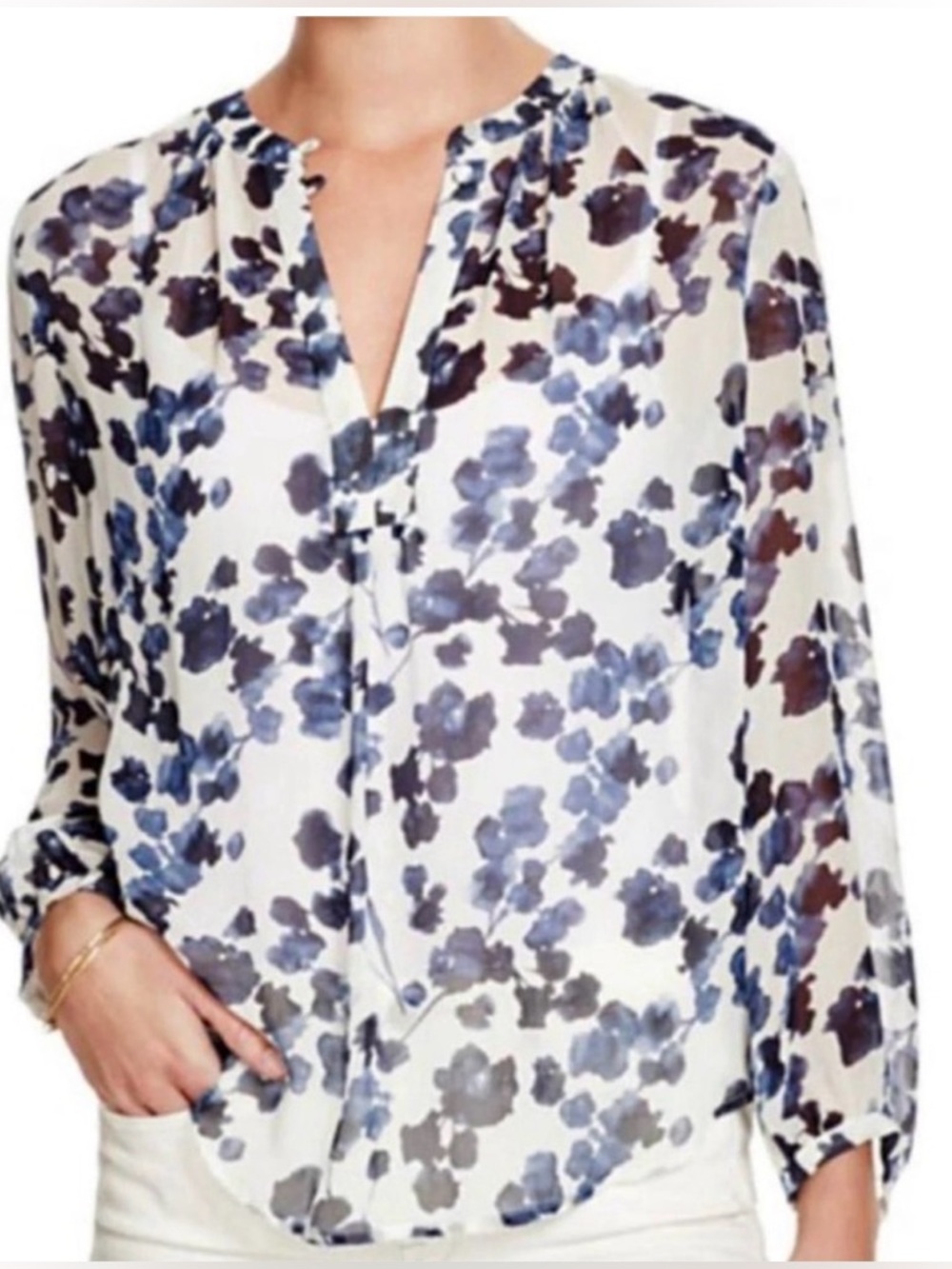 Joie Womens Amaral Blue Floral Silk Split-Neck Blouse Size S